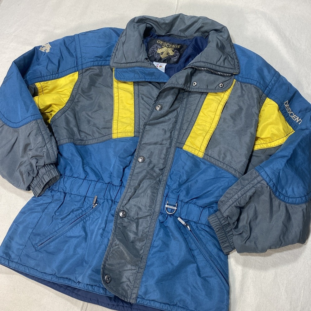 Vintage Descente Ski Jacket Retro Mens S Blue GrayYellow 80s/90s Hooded